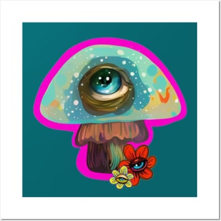 Colorful Pop Surrealism Mushroom with Big Eye Illustration Posters and Art